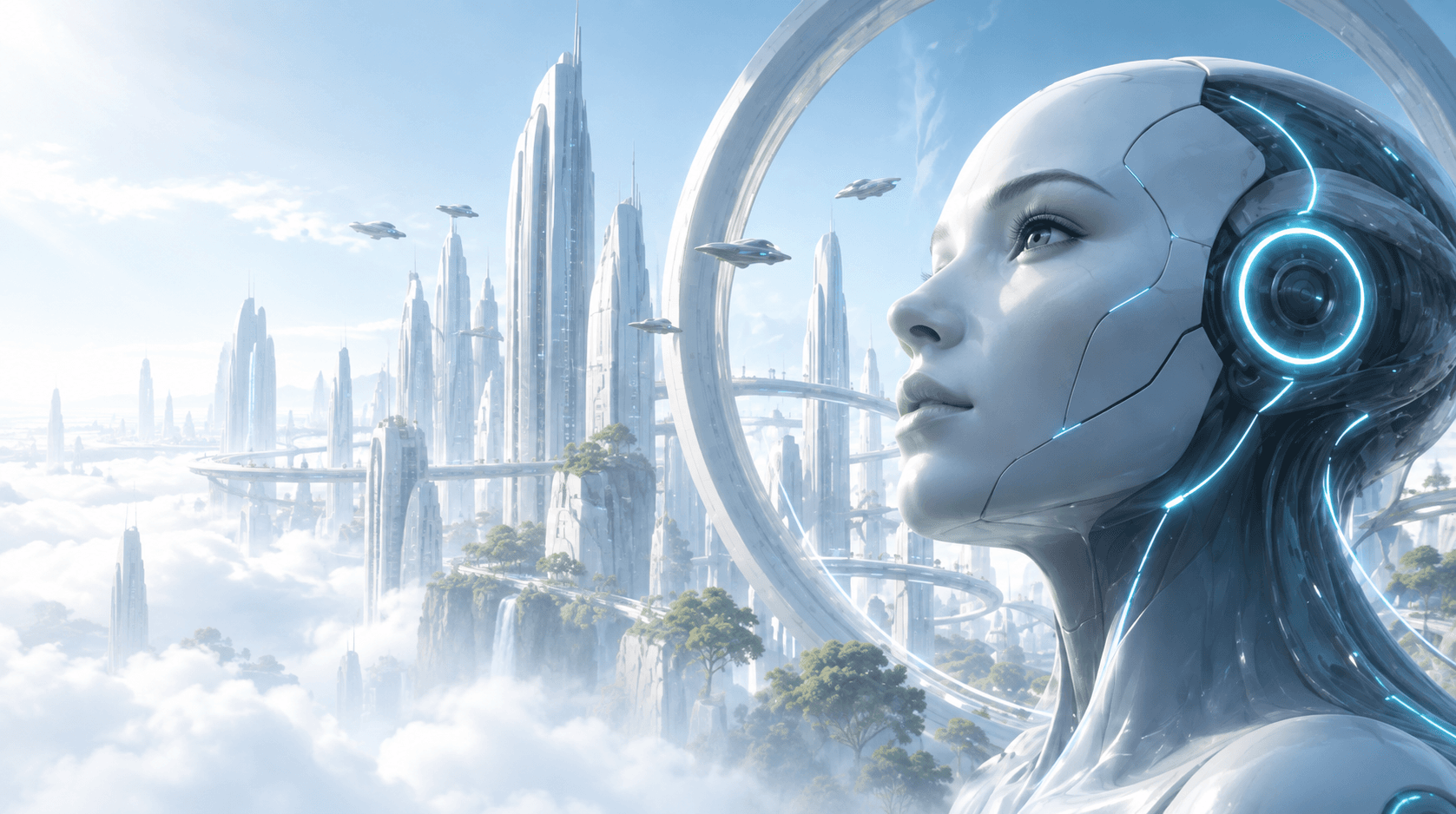 A synthetic android head in profile, visible mechanical plating and a glowing headset, overlooking a bright futuristic city above the clouds